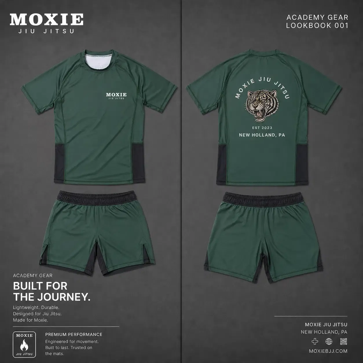 Moxie academy gear lookbook showing a green rashguard from the front and back with matching shorts on a dark background